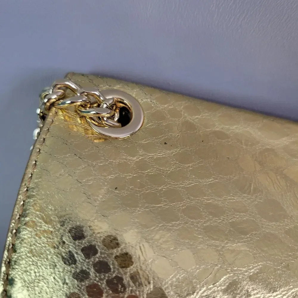 Michael Kors Mini Handbag Gold Snakeskin Embossed Chain Strap - Picture 7 of 15